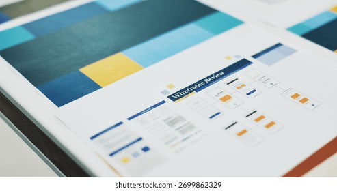 Documents, wireframe chart and review in empty office, startup and ux design with icon at company. Paperwork, graph and connection with flowchart, mobile app ui and development for user experience
