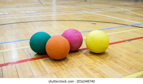 Dodge Ball Made Of Rubber On A Hardwood Floor Indoor Gym