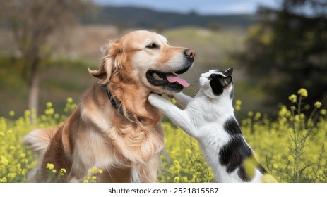 dog, animal, pet, cat, cute, friends, playing, background, puppy, warm, canine, white, domestic, happy, friendship, sitting, ginger, panorama, pedigree, outdoor, billboard, nature, green, alongside, s