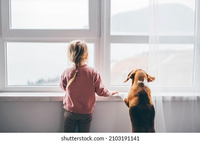 Dog And Baby Girl Staring Out A Large Window.