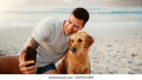 Dog, beach and man with summer, exercise and outdoor training with animal by sea. Happy, social media and holiday in Miami with golden retriever, smile and morning with vacation and fun by ocean - Powered by Shutterstock