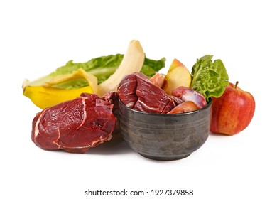 Dog bowl filled with biologically appropriate raw food containing meat chunks, fruits and vegetables surrounded by ingredients on white background