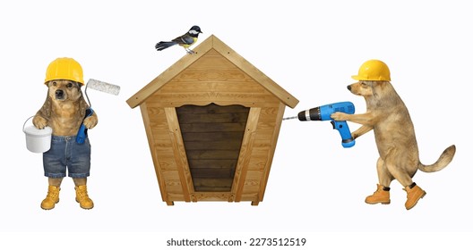 The dog builders with construction tools are near a wooden house. White background. Isolated. - Shutterstock ID 2273512519