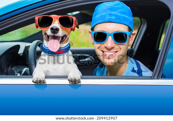 dog in a car looking through window with\
Driving instructor