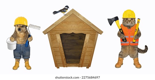 A dog and a cat builders with construction tools are near a wooden house. White background. Isolated. - Shutterstock ID 2275684697