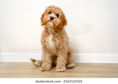 Dog of a Cavapoo or Cockapoo breed in home. Close-up of curly brown Maltipoo.  A cross between a poodle and a spaniel.