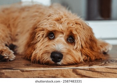 Dog of a Cavapoo or Cockapoo breed in home lying on the wooden windowsill. Close-up of curly brown dog cross between a poodle and a spaniel. Sad eyes