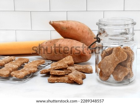 Dog cookies made from sweet potatoes on a rack, in a jar and stacked.  Sweet potatoes in background.