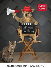 The Dog Director In A Red Hat Is Sitting On A High Wooden Chair And Holding A Megaphone And A Clapperboard With Inscription All Cats Are Stupid. The Cat Is Next To Him.