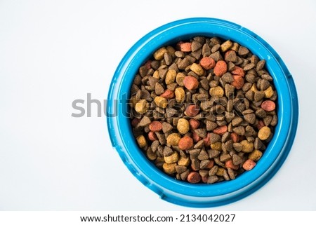 Dog food, dry food for animals, poppy mixed food, high angle view