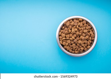 Dog food in a metal bowl. Yellow background - Powered by Shutterstock