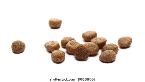 Dog Food Pile, Dry Granules For Puppies And Young Dogs Isolated On White Background