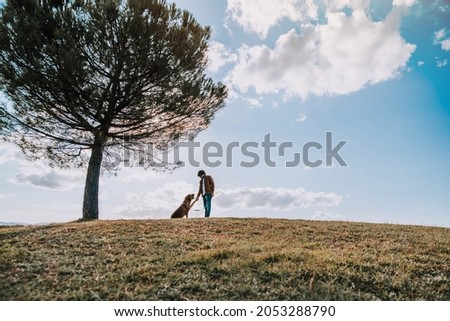 Dog is giving paw to its owner in the park - Love between humans and animals concept