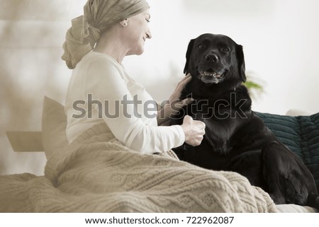 Dog giving paw to sick woman with cancer while sitting together on sofa at home