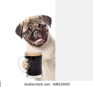 Dog Holding Beer Peeking From Behind Empty Board. Isolated On White Background