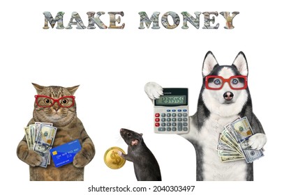 A Dog Husky With A Calculator And Dollars, A Beige Cat With A Credit Card And A Rat With A Gold Coin. Make Money. White Background. Isolated.