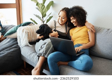 Dog, laptop or gay couple hug on sofa to relax together in healthy relationship love connection. Lgbtq, home or happy lesbian women with a pet animal to bond on living room couch for remote work - Powered by Shutterstock