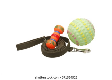 Dog Leash And Toys. Isolated On White.