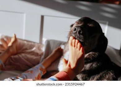dog licking barefoot of the small children in the bed