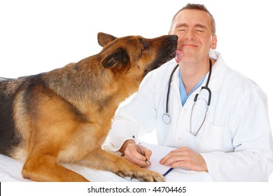 Dog Licking A Vet, Isolated On White