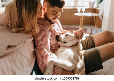 Dog lies on legs of owner. Man in pink shirt and his beloved woman admire their white pet