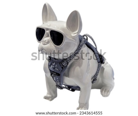 dog mannequin, plastic dog mannequin in harness, in clothes, wearing sunglasses, on a white background