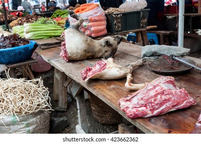 Dog Meat On A Market Stand In Zhaoxing, Guizhou, China