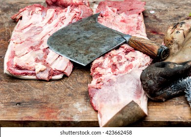 Dog Meat On A Market Stand In Luo Xiang, Guizhou, China