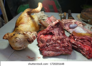 Dog Meat For Sale On A Wet Market In East Asia