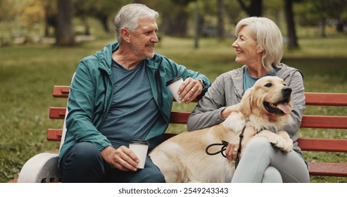 Dog, park and old couple on bench, coffee and conversation with animal lover. Outdoor, pet and senior man with mature woman, bonding together and relationship with herbal tea, smile and retirement - Powered by Shutterstock