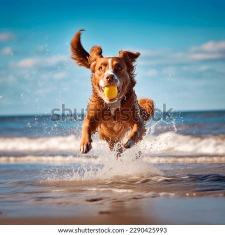 Dog plays in the beach