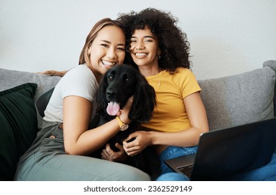 Dog, portrait or happy gay couple in home to relax together in healthy relationship or love connection. Lgbtq, pet care or lesbian women smile hugging an animal to bond in house living room on couch - Powered by Shutterstock