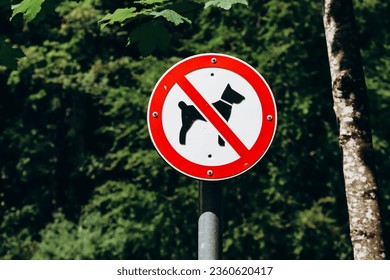Dog prohibition sign, with tree foliage background, Bavaria, Germany