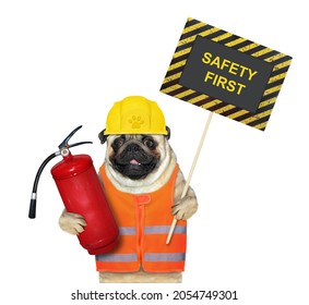 A Dog Pug In A Construction Helmet Holds A Fire Extinguisher And A Poster That Says Safety First. White Background. Isolated.