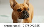 Dog, puppy and face of french bulldog in studio for canine companion, adoption and security on mockup. Animal, pet and relax for foster care, comfortable and curious with wellness on gray background