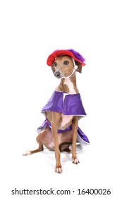 purple dress and red hat