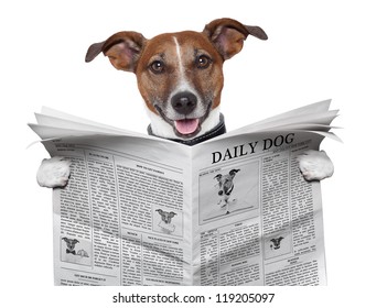 Dog Reading And Holding A  Newspaper