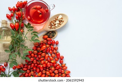 Dog rose, bunch branch Rosehips, types Rosa canina hips, essential oil and hot herbal tea cup on white background. Medicinal plants and herbs composition