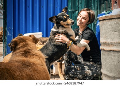 Dog at the shelter. Animal shelter volunteer takes care of dogs. Lonely dogs in cage with cheerful woman volunteer.  - Powered by Shutterstock