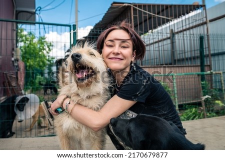 Dog at the shelter. Animal shelter volunteer takes care of dogs. Lonely dogs in cage with cheerful woman volunteer. 