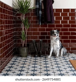 Dog sitting on patterned ceramic tile floor in a cozy indoor space.