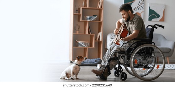 Dog and soldier in wheelchair playing guitar at home. Banner for design - Powered by Shutterstock