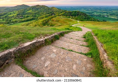 A dog standing on the pathway,that winds it's way along the legnth of the Malvern hills,with beautiful views across the surrounding counties,through a grassy undulating landscape.