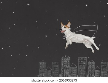 Hunde in Superhelden-Kostüme fliegen in der Nachtstadt, zeichnen auf der Tafel . Das Konzept des Super Helden Siegers.
