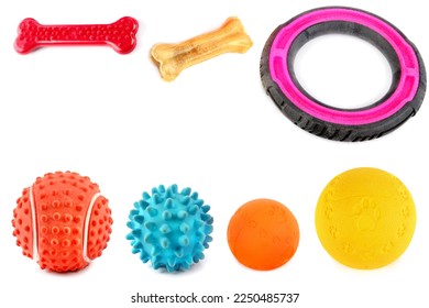Dog Toy: ball, chewing bone, rubber ring, puller isolated on white background. Collage. Free space for text. - Shutterstock ID 2250485737
