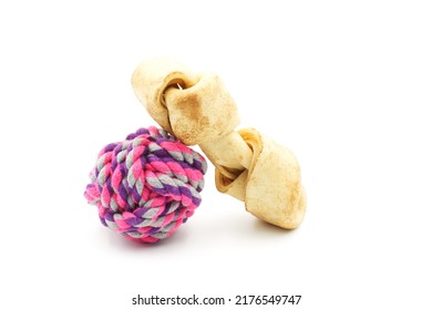 Dog Toys, Bait And Ball Of String To Chew On, On A White Background