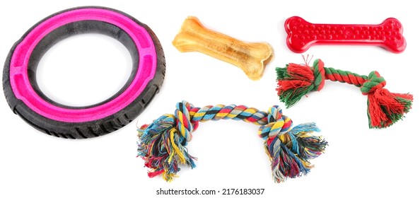 Dog toys, chewing bone and rope, isolated on white background. Collage. Wide photo. - Shutterstock ID 2176183037