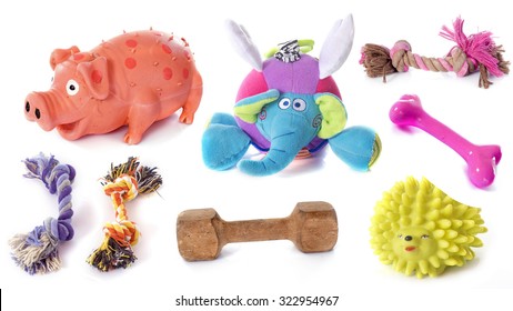 dog toys in front of white background