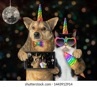 The Dog Unicorn In A Bow Tie With A Smartphone And The Cat Unicorn In Sunglasses With A Colored Ice Cream Cone Made Selfie Together At The Party.