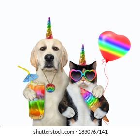 A dog unicorn with a glass of juice hugs a cat unicorn with a cone of ice cream. White background. Isolated.
